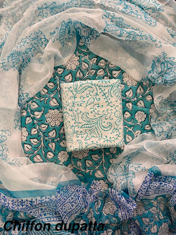 Cotton Hand Block Printed Suit With Kota Doriya Dupatta