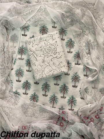 Cotton Hand Block Printed Suit With Kota Doriya Dupatta