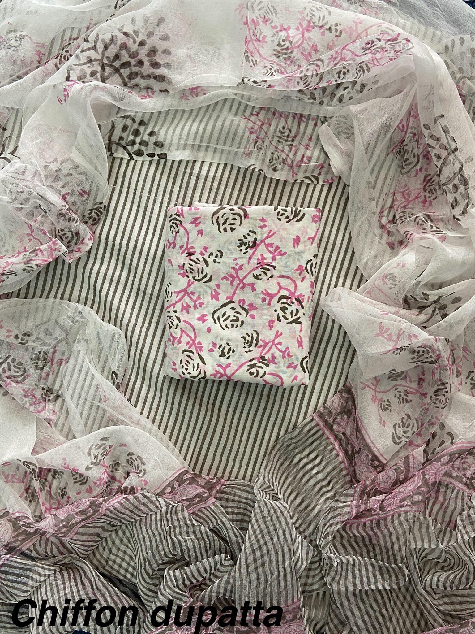 Cotton Hand Block Printed Suit With Kota Doriya Dupatta