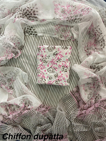 Cotton Hand Block Printed Suit With Kota Doriya Dupatta