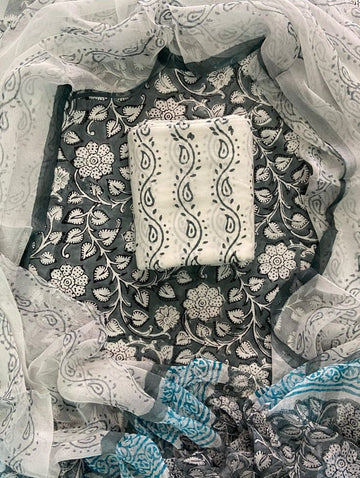 Cotton Hand Block Printed Suit With Kota Doriya Dupatta