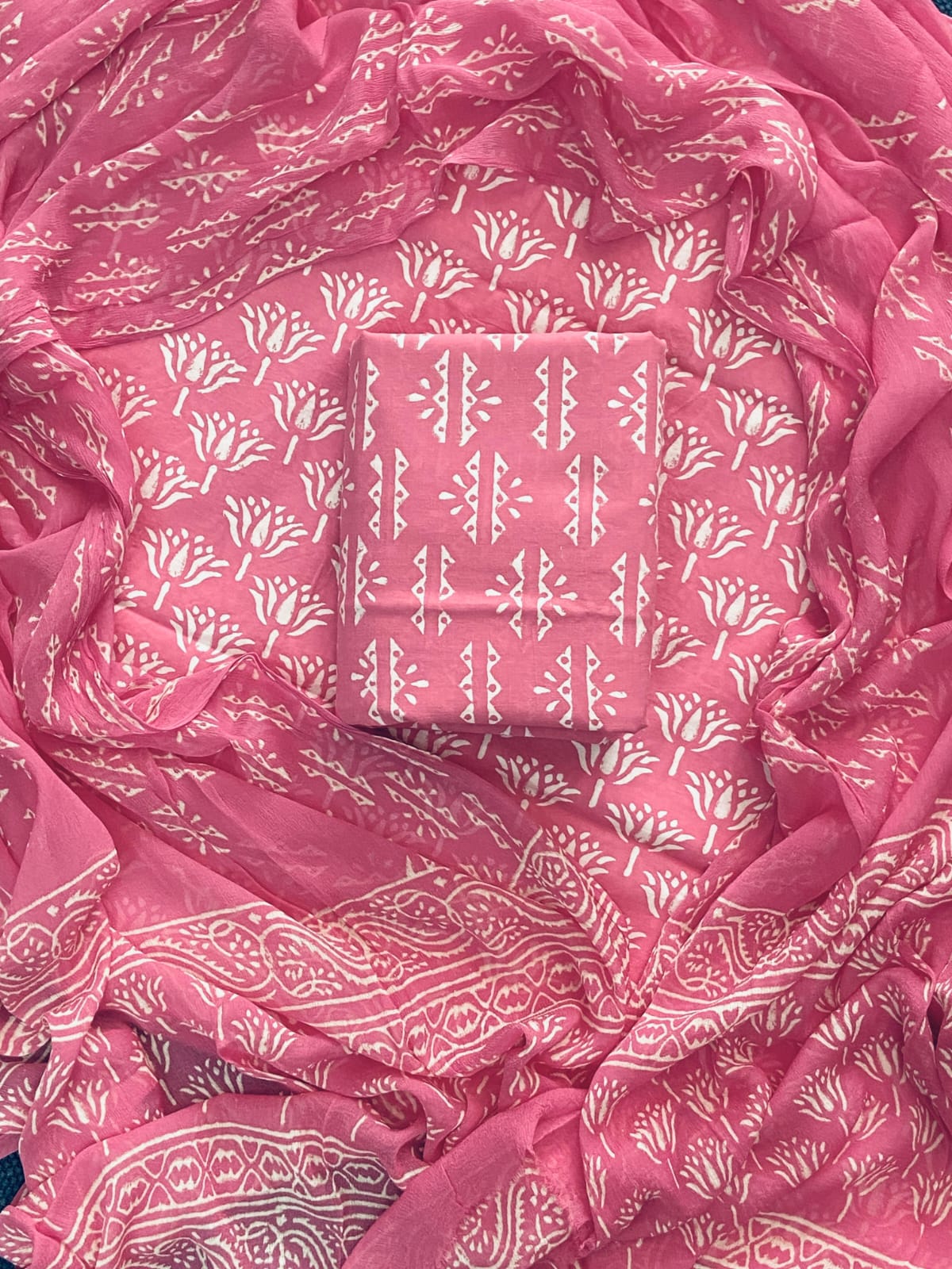 Cotton Hand Block Printed Suit With Kota Doriya Dupatta