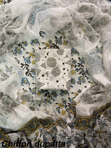Cotton Hand Block Printed Suit With Kota Doriya Dupatta
