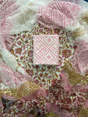 Cotton Hand Block Printed Suit With Kota Doriya Dupatta