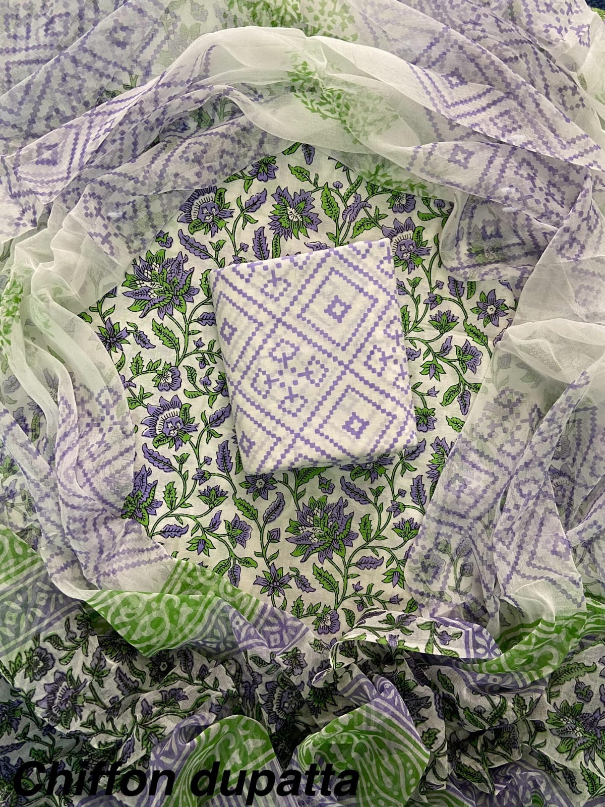 Cotton Hand Block Printed Suit With Kota Doriya Dupatta