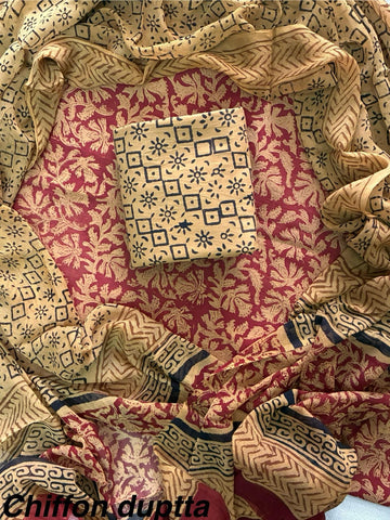 Cotton Hand Block Printed Suit With Kota Doriya Dupatta