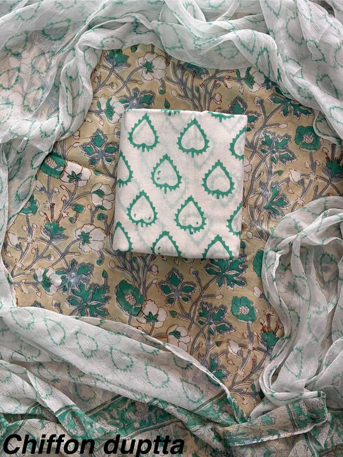 Cotton Hand Block Printed Suit With Kota Doriya Dupatta