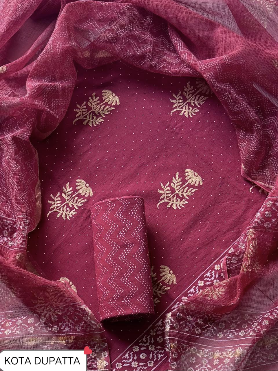 Cotton Hand Block Printed Suit With Kota Doriya Dupatta