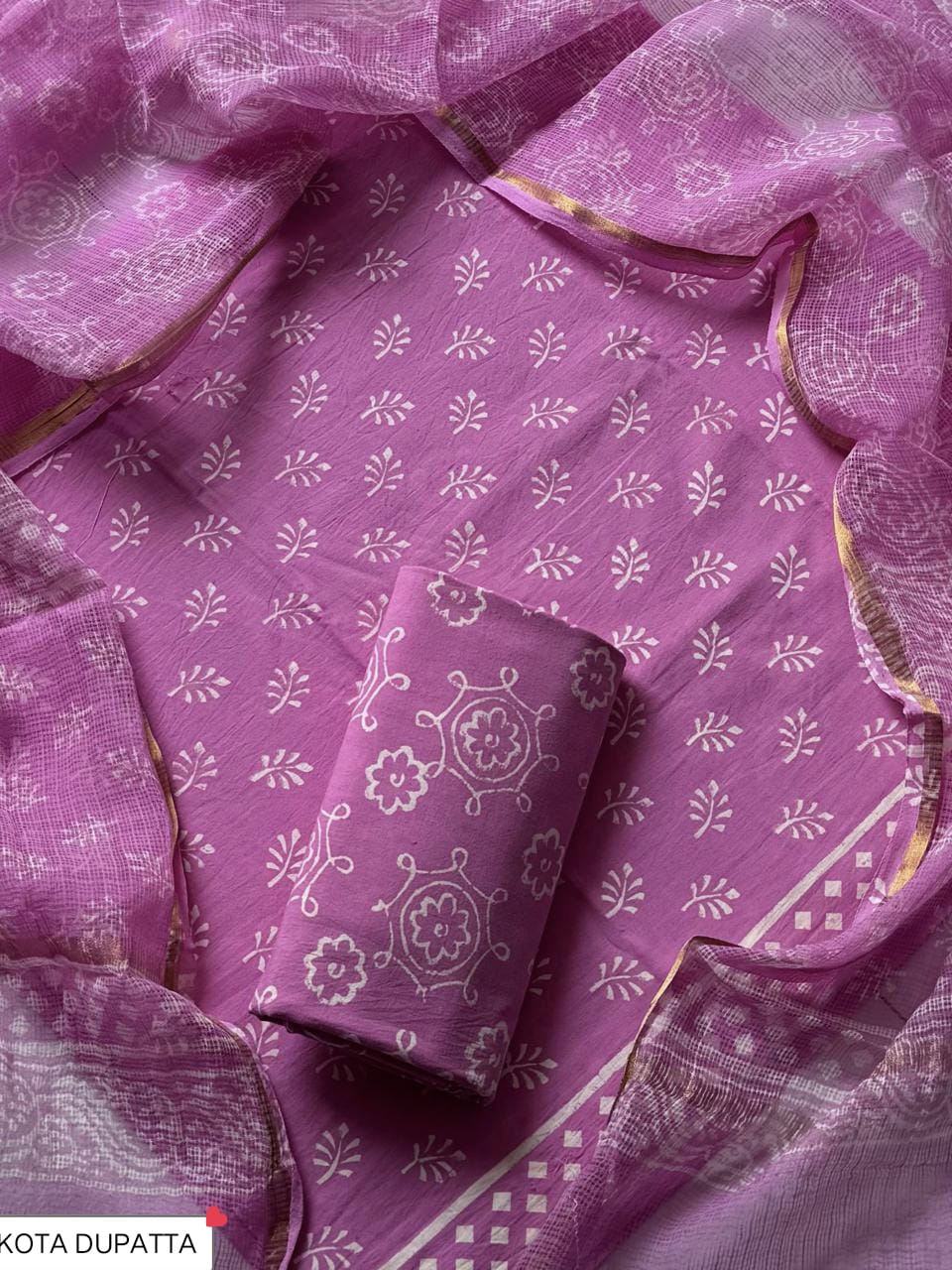 Cotton Hand Block Printed Suit With Kota Doriya Dupatta