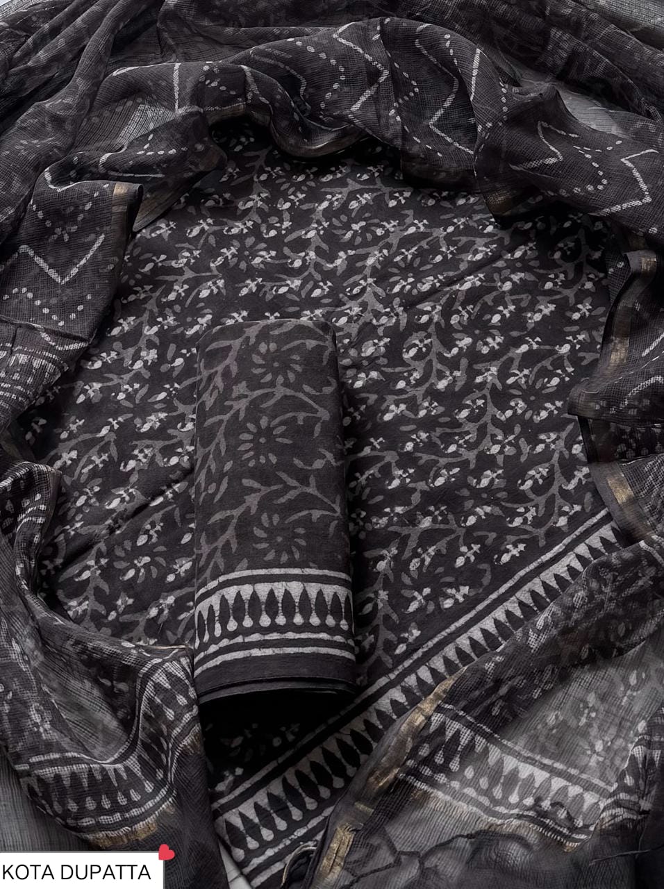 Cotton Hand Block Printed Suit With Kota Doriya Dupatta