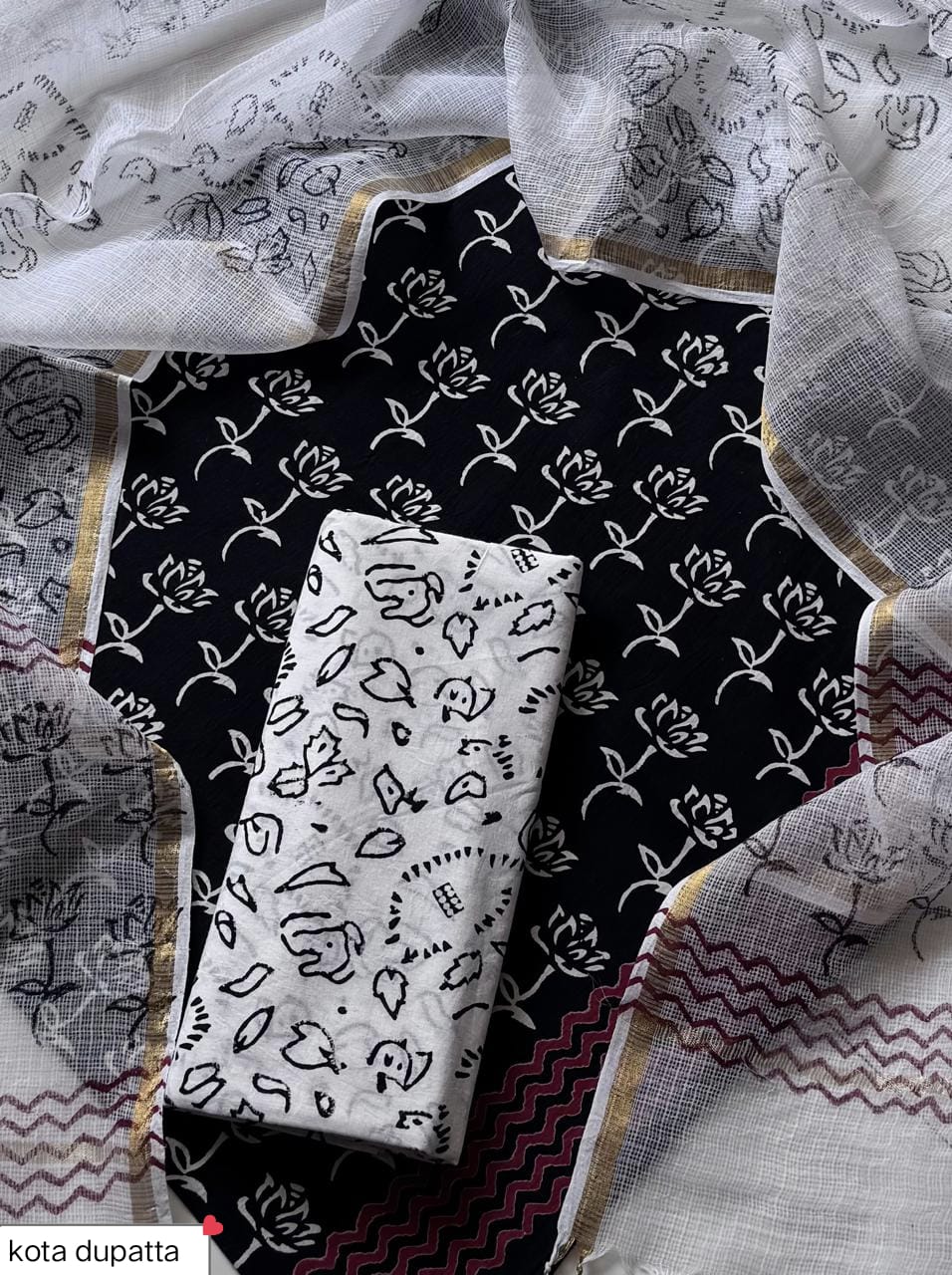 Cotton Hand Block Printed Suit With Kota Doriya Dupatta