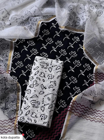 Cotton Hand Block Printed Suit With Kota Doriya Dupatta