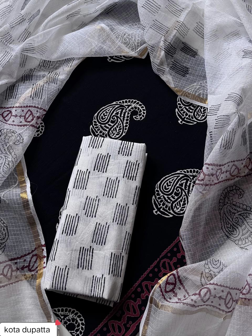 Cotton Hand Block Printed Suit With Kota Doriya Dupatta
