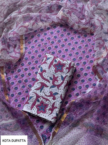 Cotton Hand Block Printed Suit With Kota Doriya Dupatta