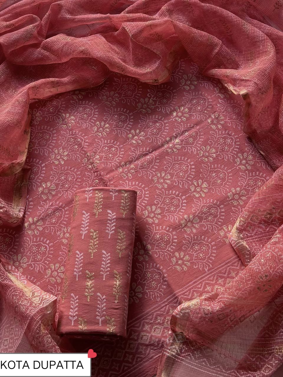 Cotton Hand Block Printed Suit With Kota Doriya Dupatta