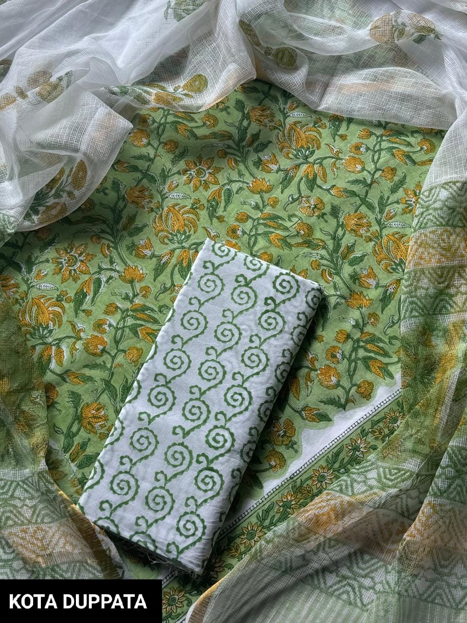 Cotton Hand Block Printed Suit With Kota Doriya Dupatta