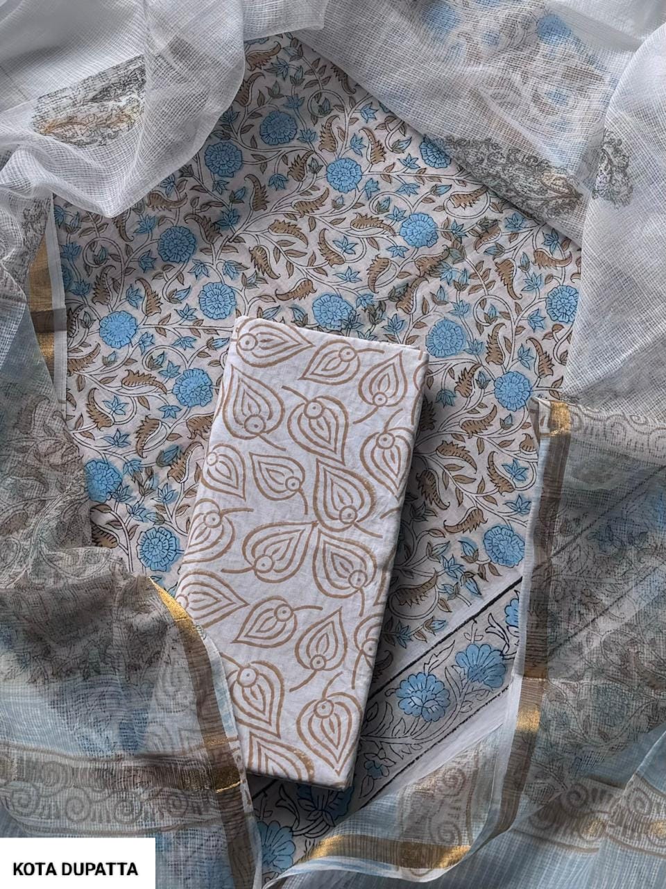 Cotton Hand Block Printed Suit With Kota Doriya Dupatta