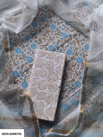Cotton Hand Block Printed Suit With Kota Doriya Dupatta