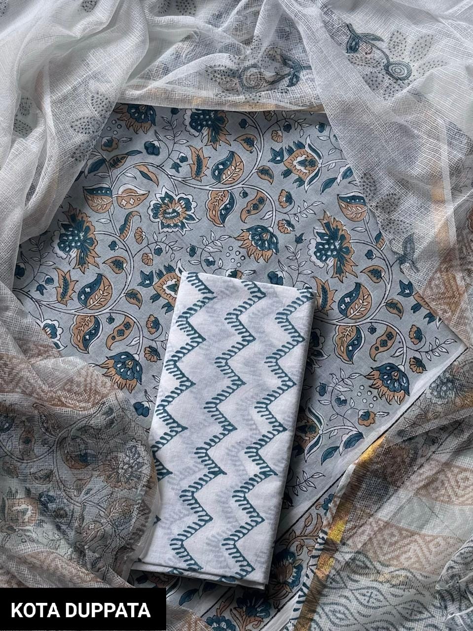 Cotton Hand Block Printed Suit With Kota Doriya Dupatta