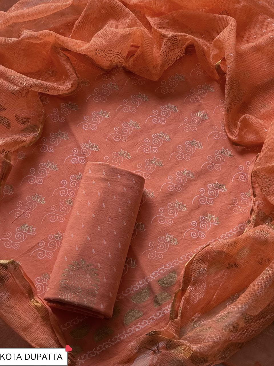 Cotton Hand Block Printed Suit With Kota Doriya Dupatta