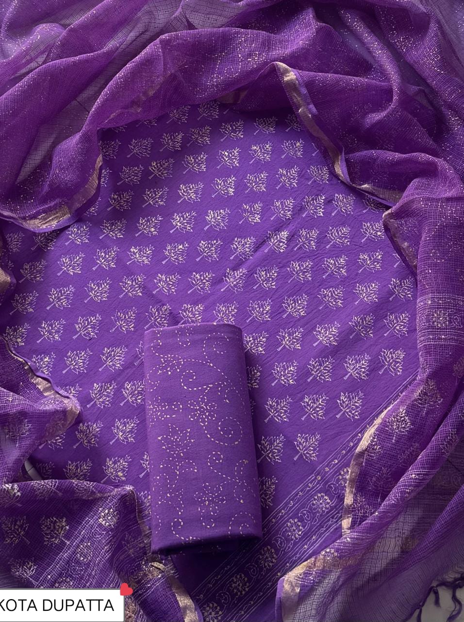 Cotton Hand Block Printed Suit With Kota Doriya Dupatta