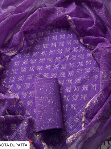 Cotton Hand Block Printed Suit With Kota Doriya Dupatta