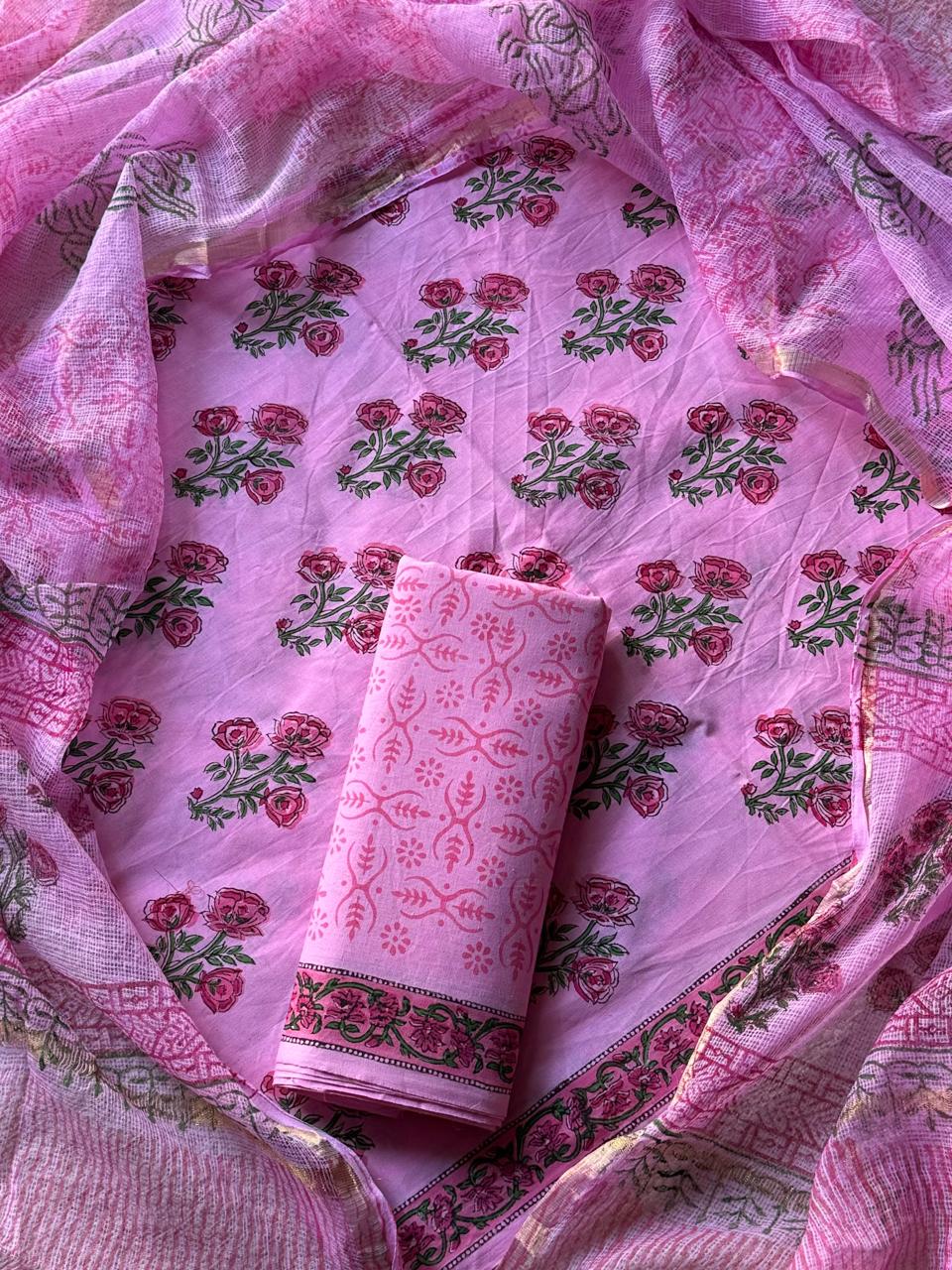 Cotton Hand Block Printed Suit With Kota Doriya Dupatta