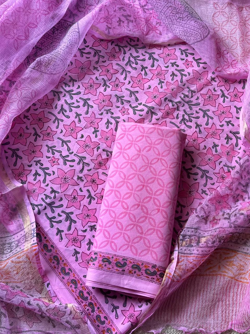 Cotton Hand Block Printed Suit With Kota Doriya Dupatta