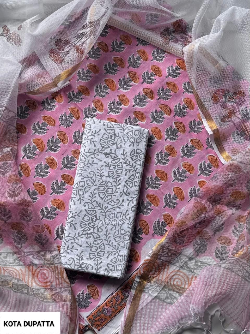 Cotton Hand Block Printed Suit With Kota Doriya Dupatta