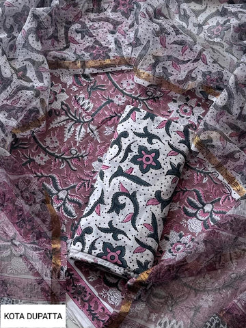 Cotton Hand Block Printed Suit With Kota Doriya Dupatta