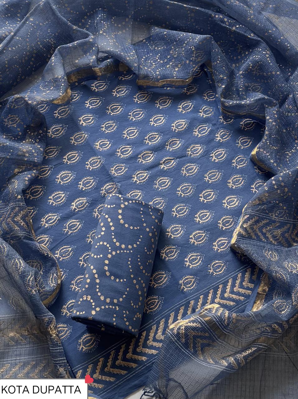 Cotton Hand Block Printed Suit With Kota Doriya Dupatta