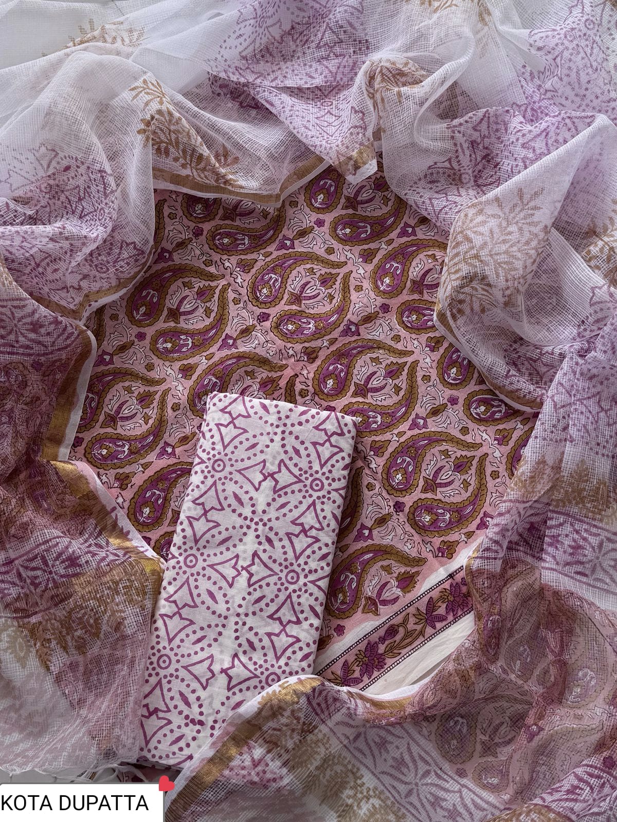 Cotton Hand Block Printed Suit With Kota Doriya Dupatta