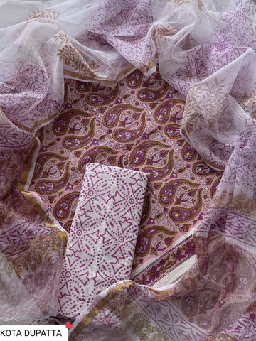 Cotton Hand Block Printed Suit With Kota Doriya Dupatta