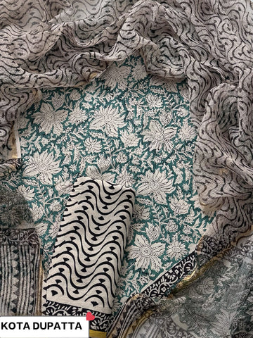 Cotton Hand Block Printed Suit With Kota Doriya Dupatta