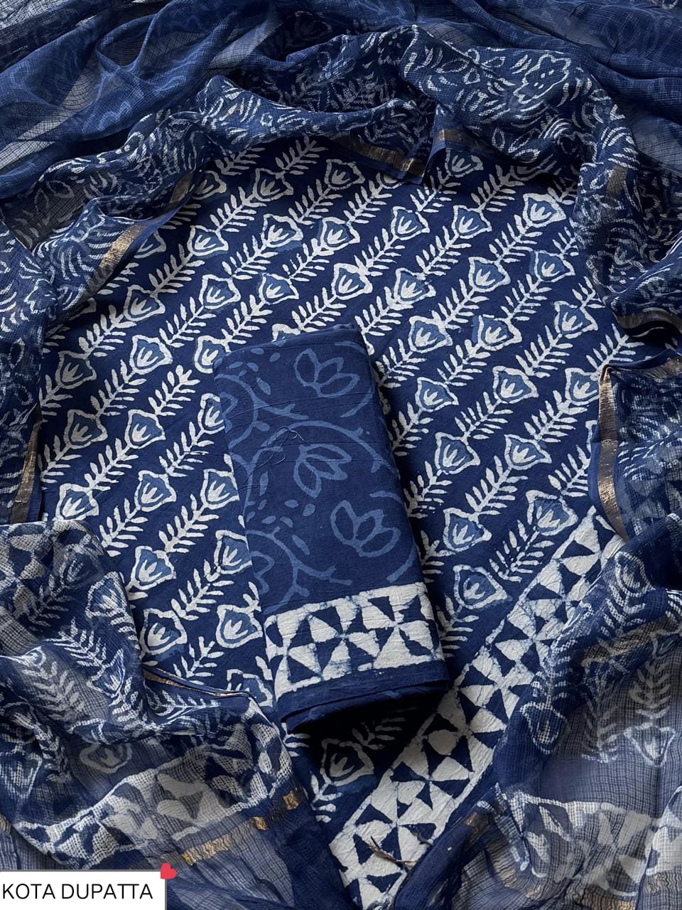 Cotton Hand Block Printed Suit With Kota Doriya Dupatta