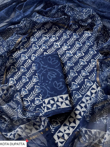 Cotton Hand Block Printed Suit With Kota Doriya Dupatta