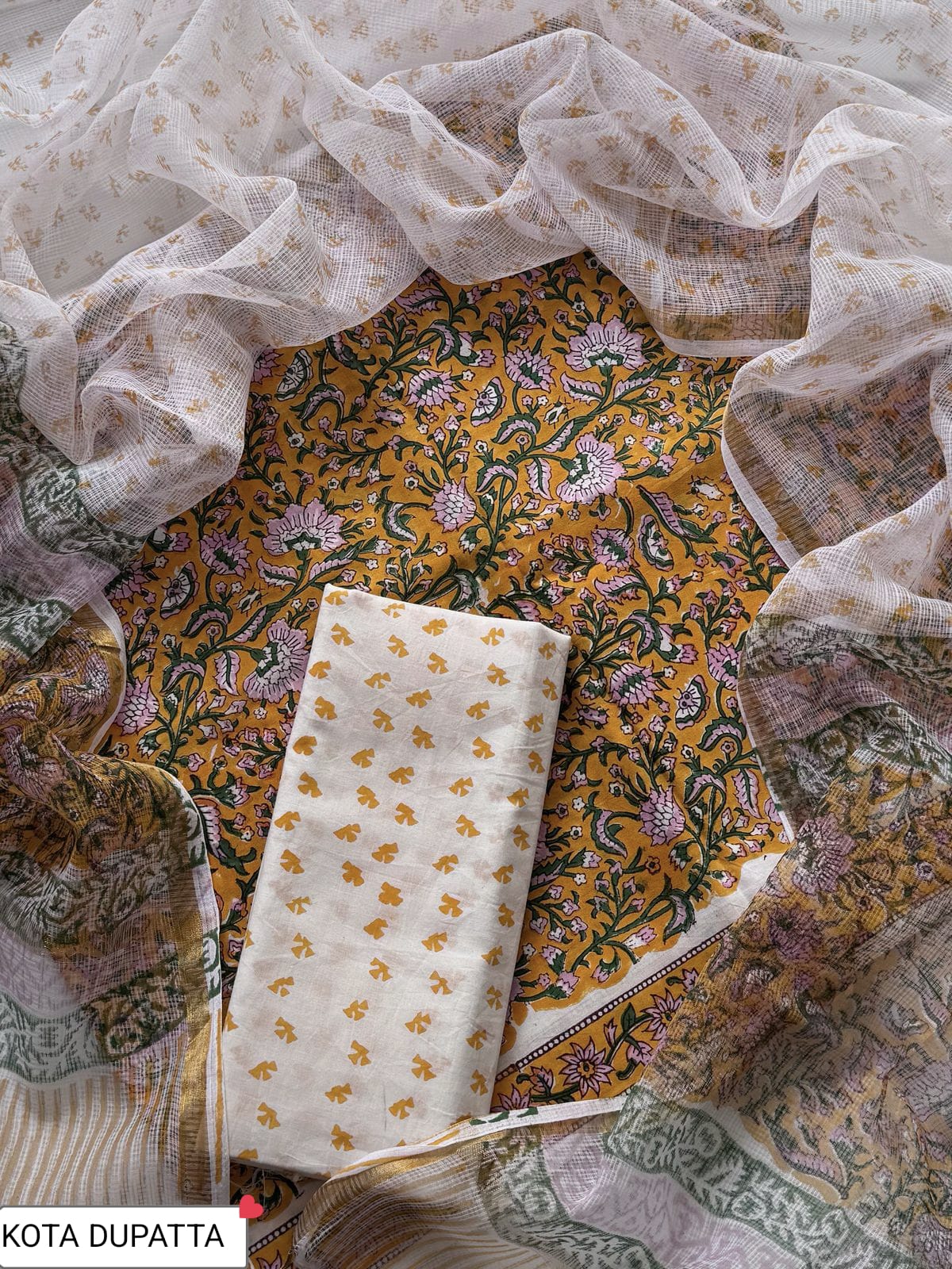 Cotton Hand Block Printed Suit With Kota Doriya Dupatta