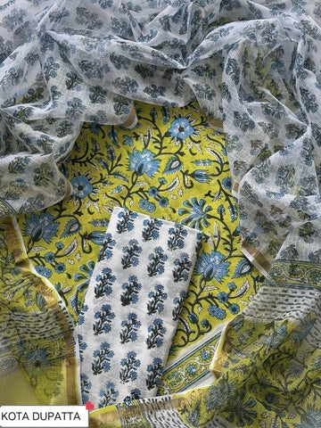 Cotton Hand Block Printed Suit With Kota Doriya Dupatta