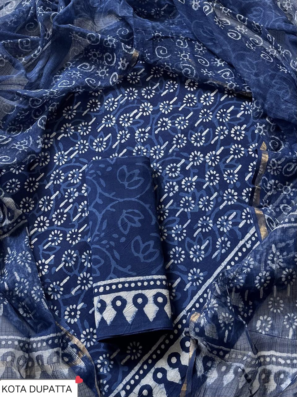 Cotton Hand Block Printed Suit With Kota Doriya Dupatta