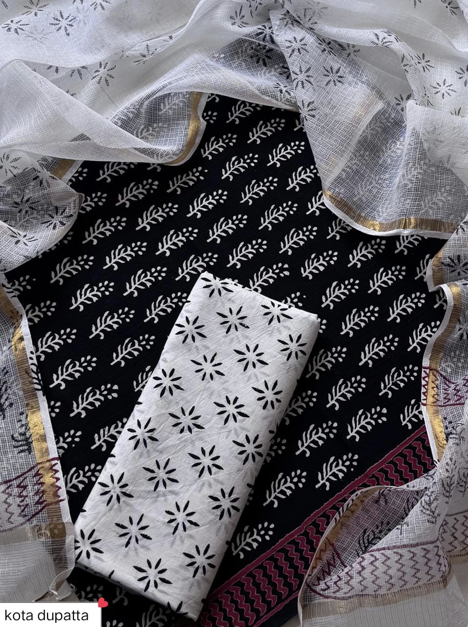 Cotton Hand Block Printed Suit With Kota Doriya Dupatta