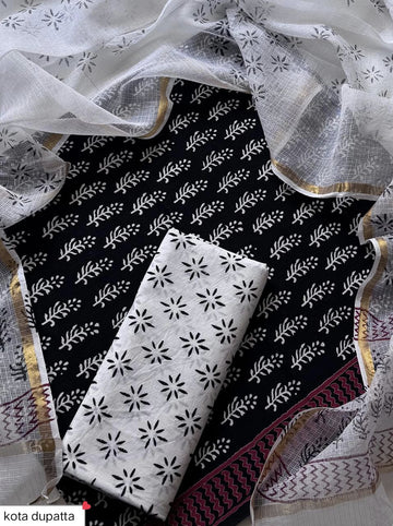 Cotton Hand Block Printed Suit With Kota Doriya Dupatta