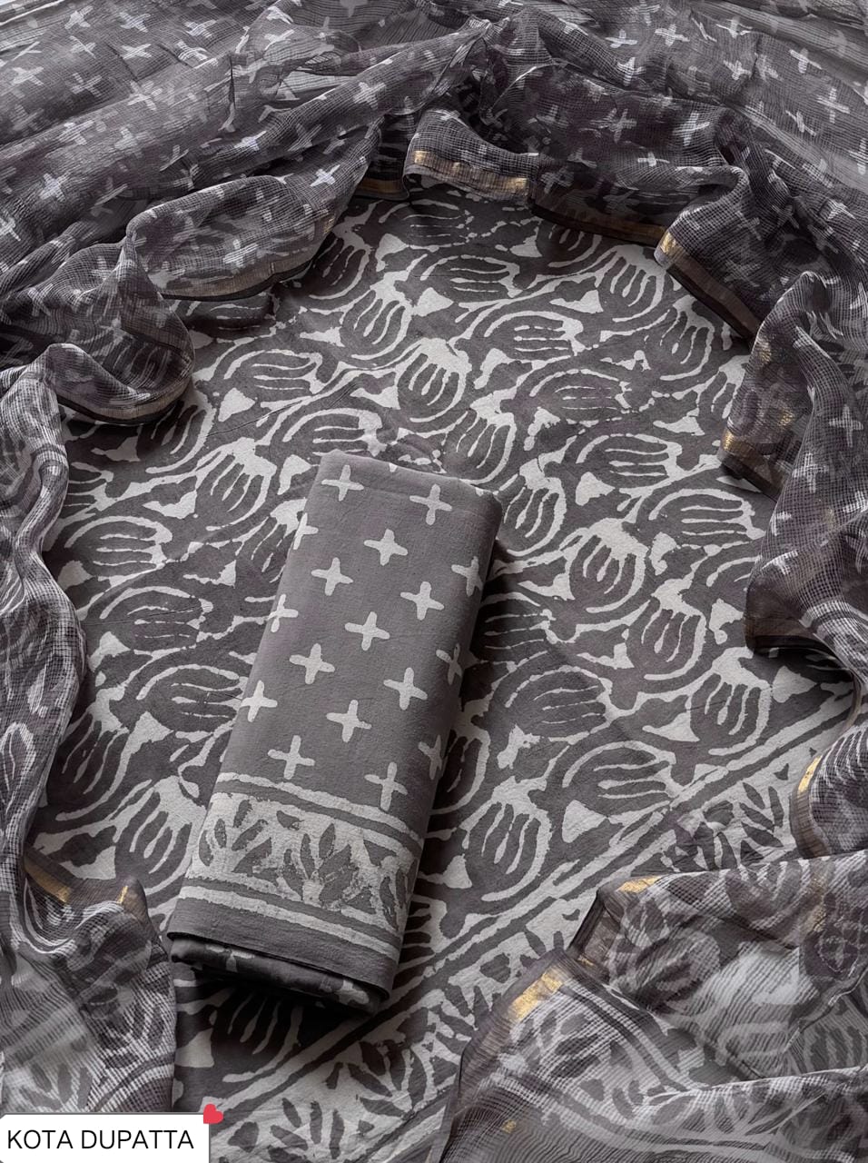 Cotton Hand Block Printed Suit With Kota Doriya Dupatta