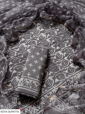 Cotton Hand Block Printed Suit With Kota Doriya Dupatta