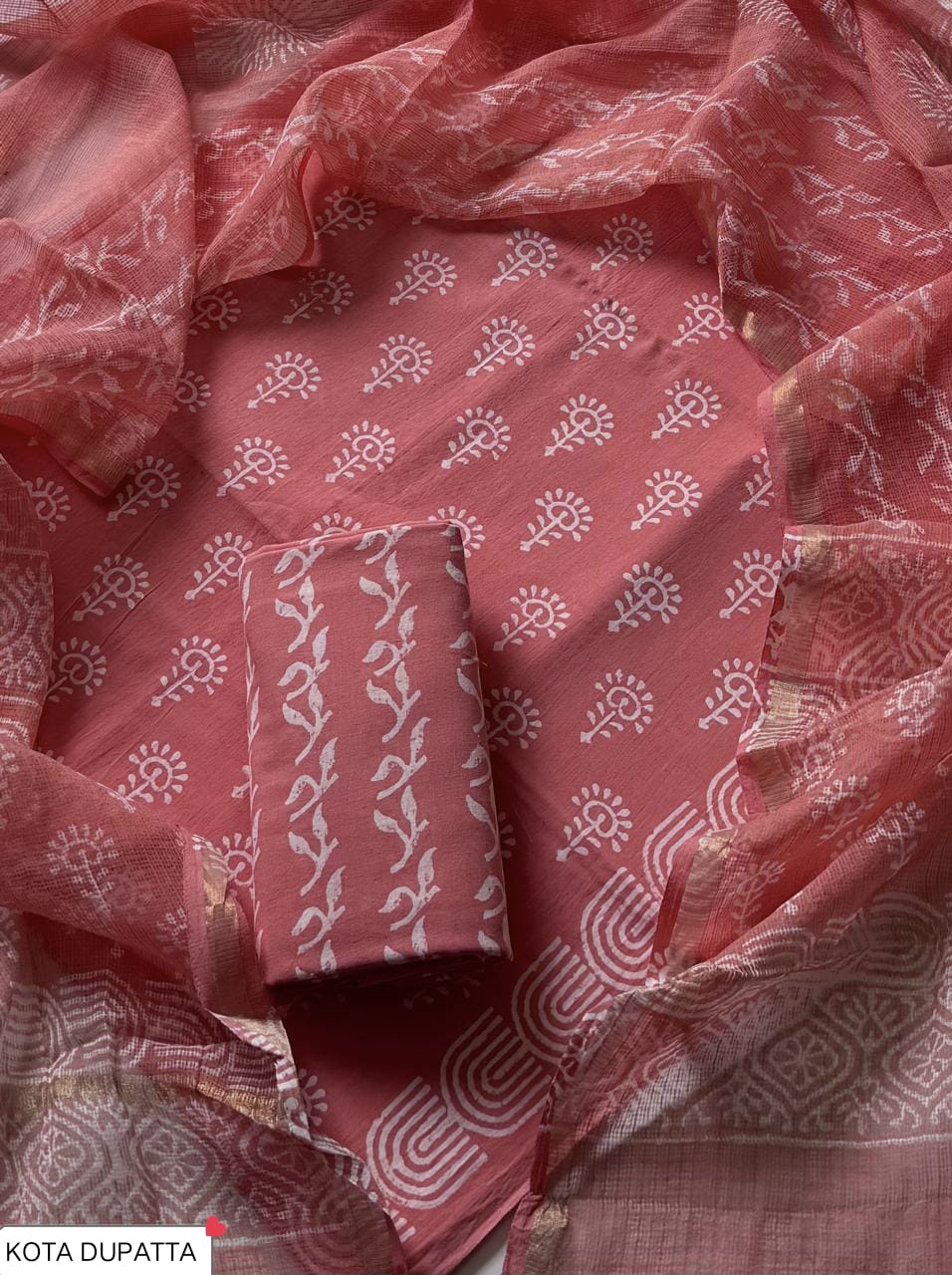 Cotton Hand Block Printed Suit With Kota Doriya Dupatta