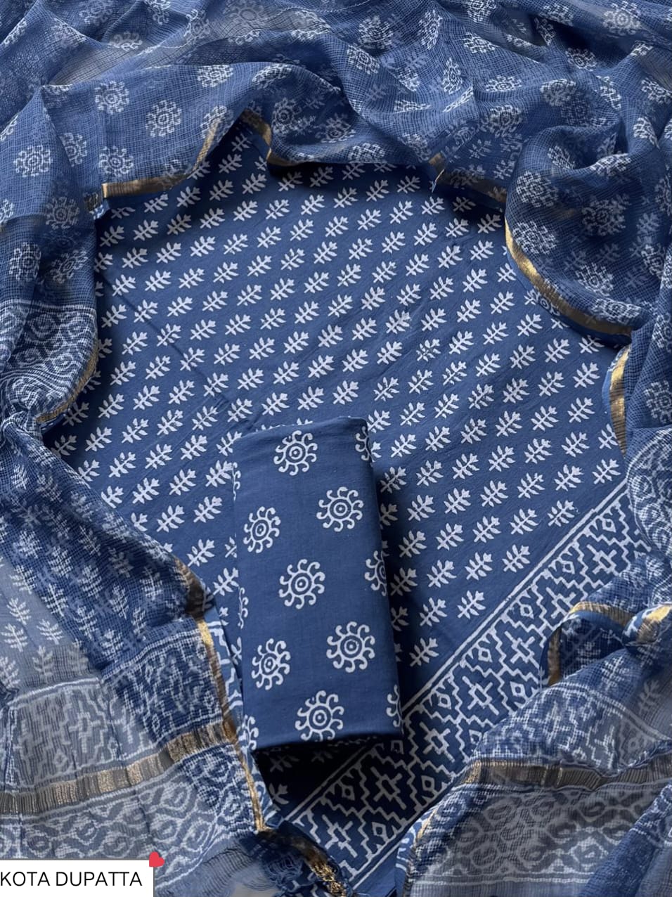 Cotton Hand Block Printed Suit With Kota Doriya Dupatta