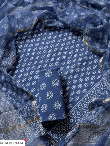 Cotton Hand Block Printed Suit With Kota Doriya Dupatta