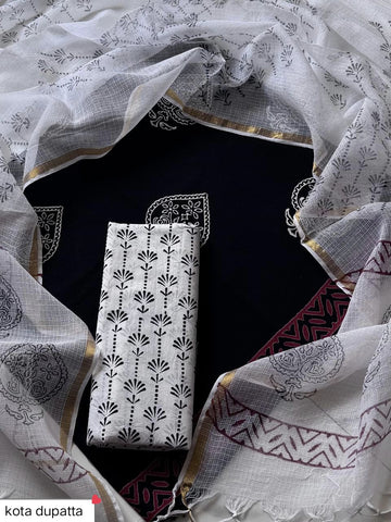 Cotton Hand Block Printed Suit With Kota Doriya Dupatta